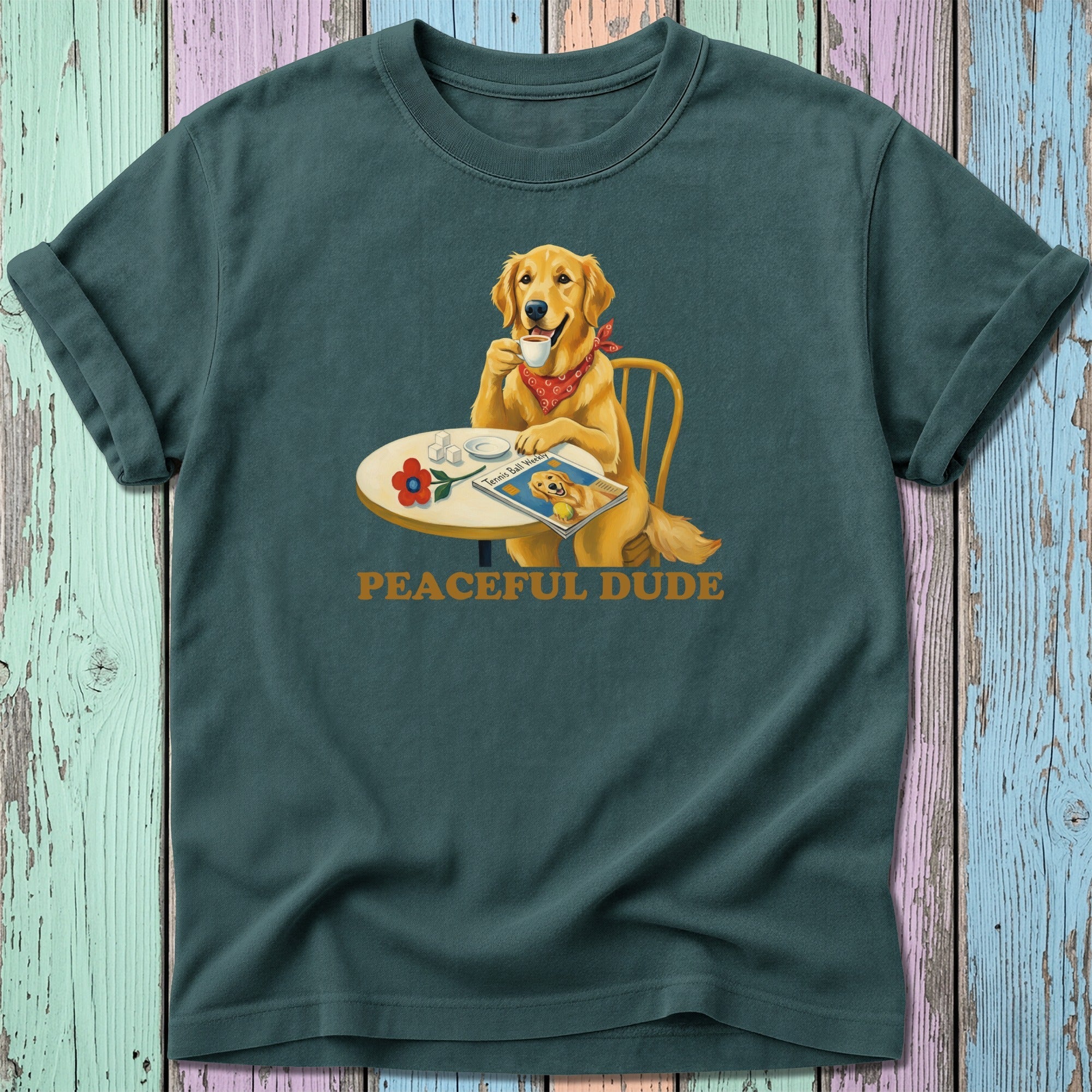 Golden retriever wearing a bandana drinks coffee next to a magazine.