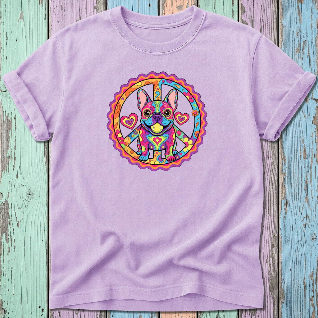 Lavender t-shirt with a colorful French bulldog inside a peace sign graphic.