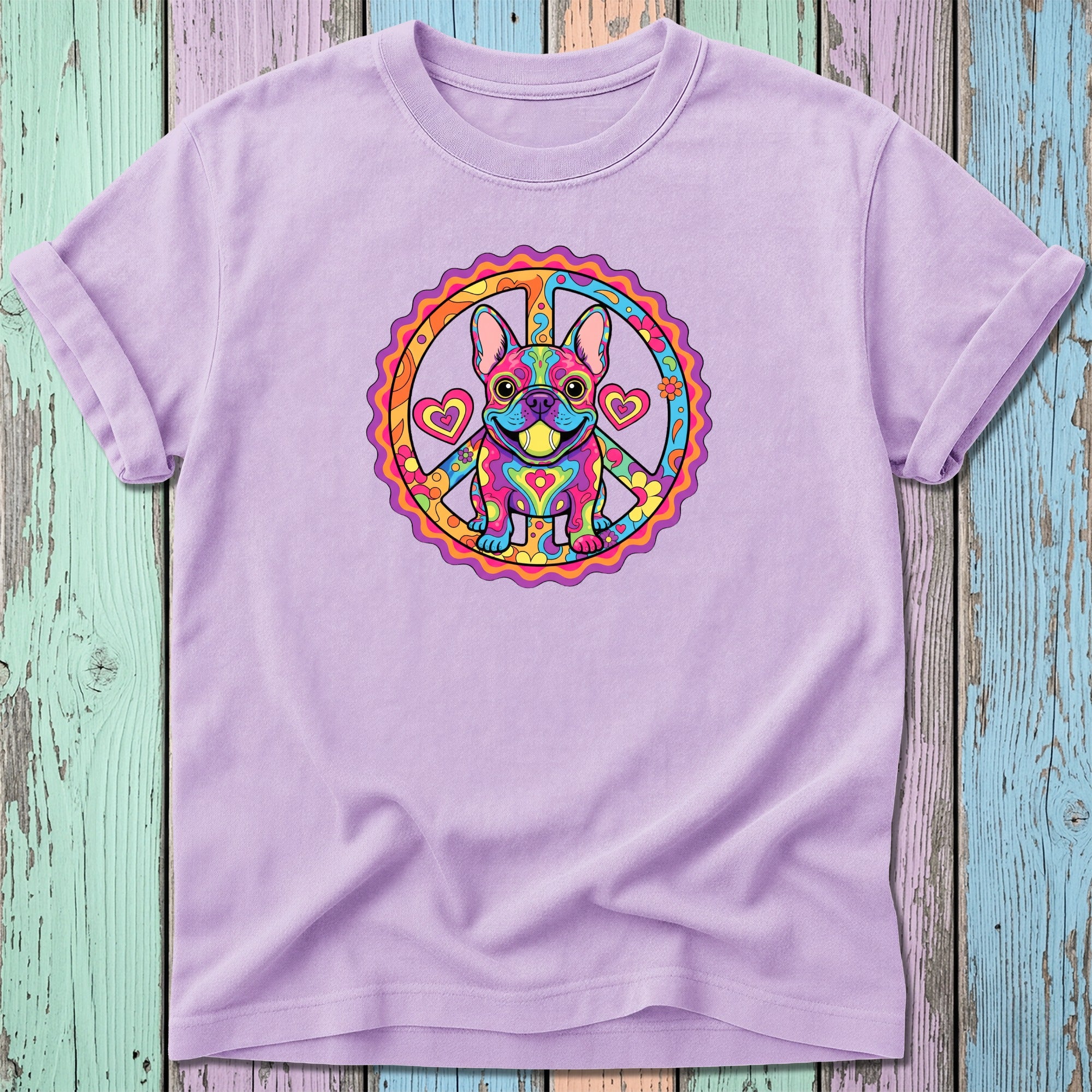 Lavender t-shirt with a colorful French bulldog inside a peace sign graphic.