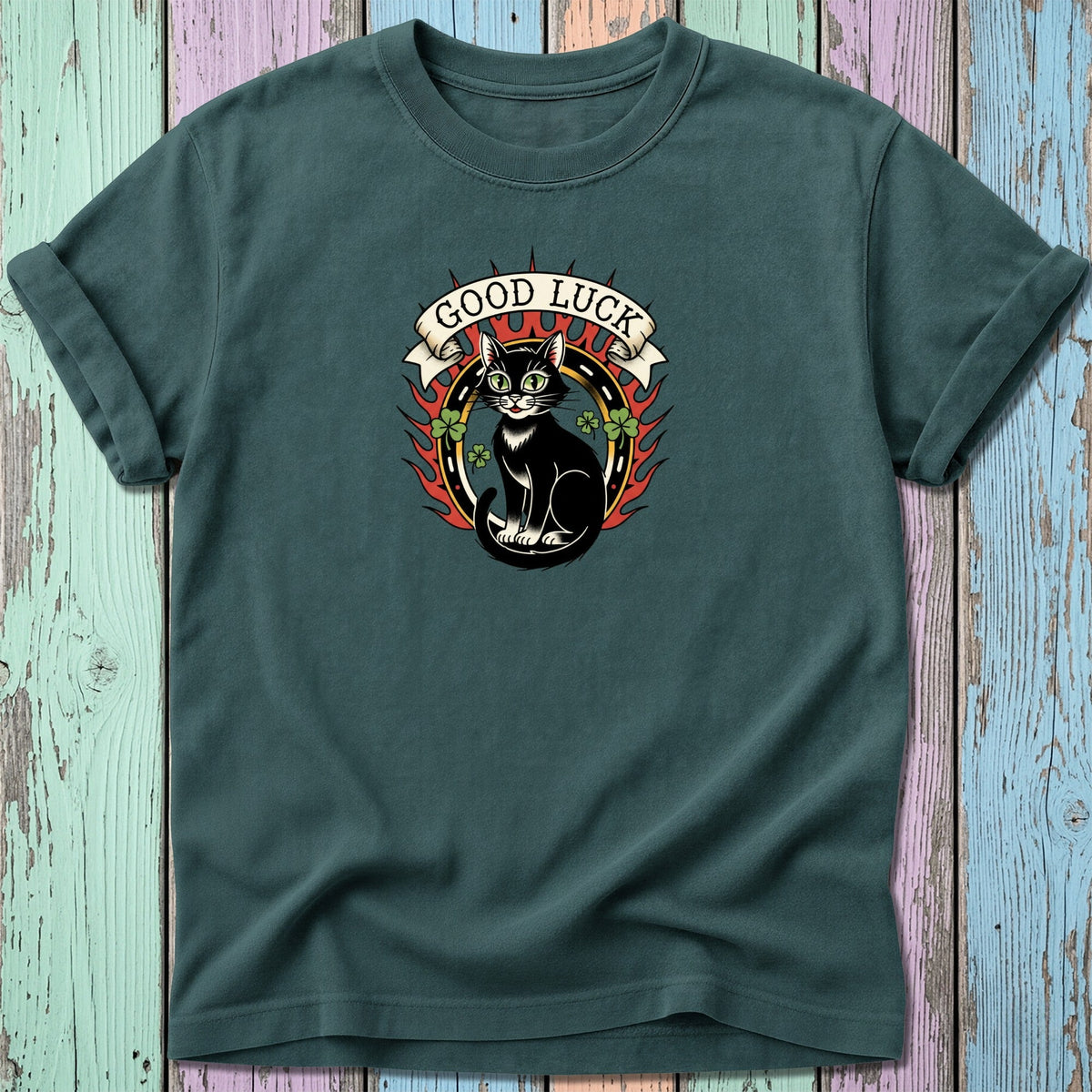 Black cat with clover and flames, "Good Luck" banner across chest.