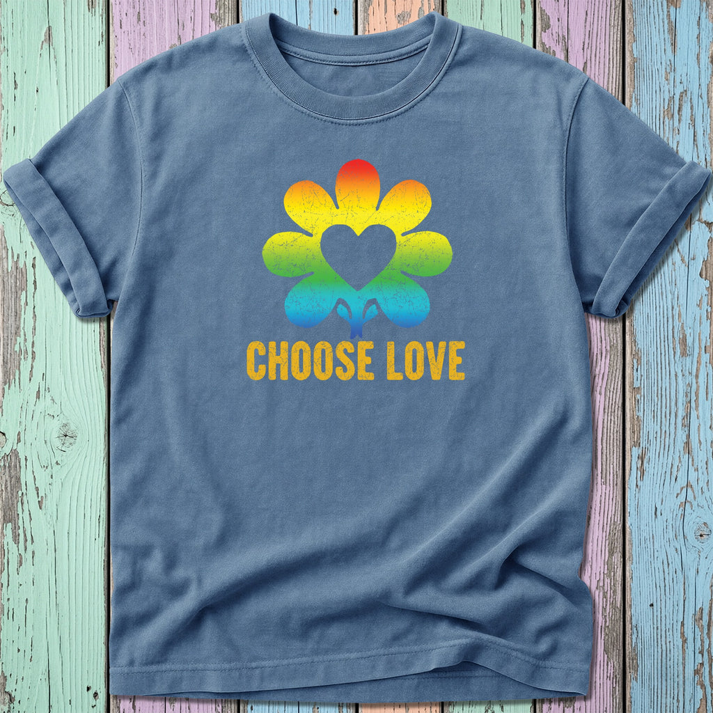 Blue t-shirt with a rainbow flower and heart graphic, and "CHOOSE LOVE" text.