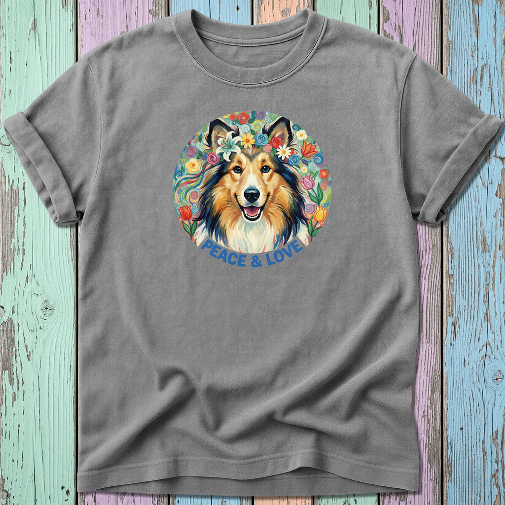 Sheltie dog wearing a flower crown with "peace & love" text.
