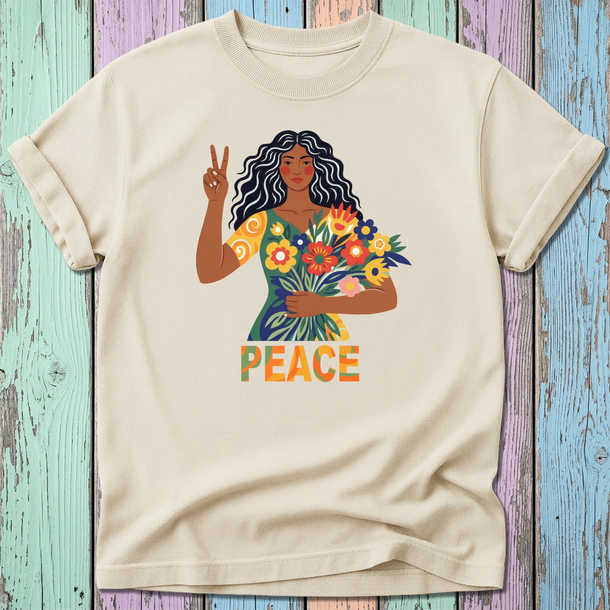 Woman with flowers making peace sign, "PEACE" text below.