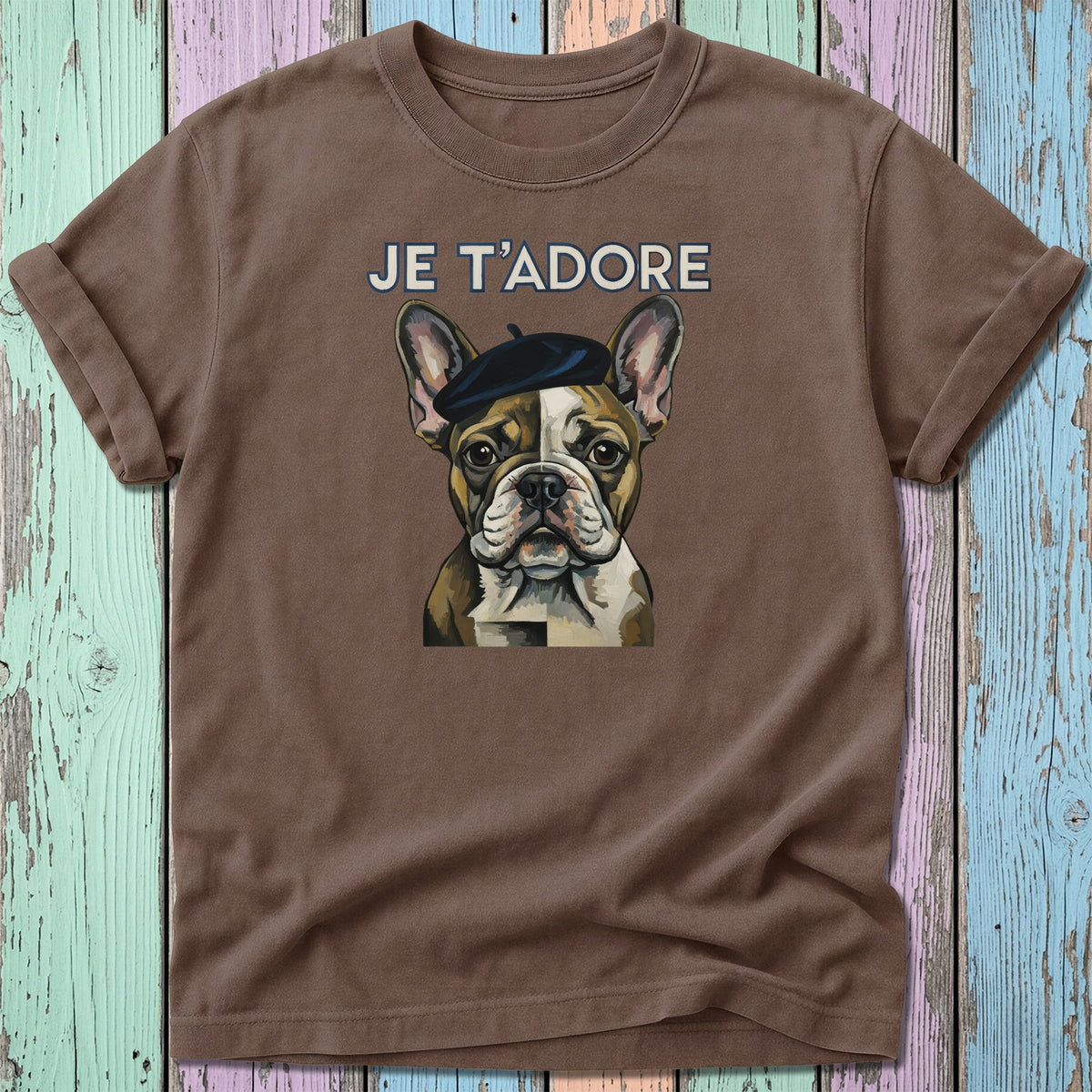 French bulldog wearing beret with "JE T'ADORE" text.