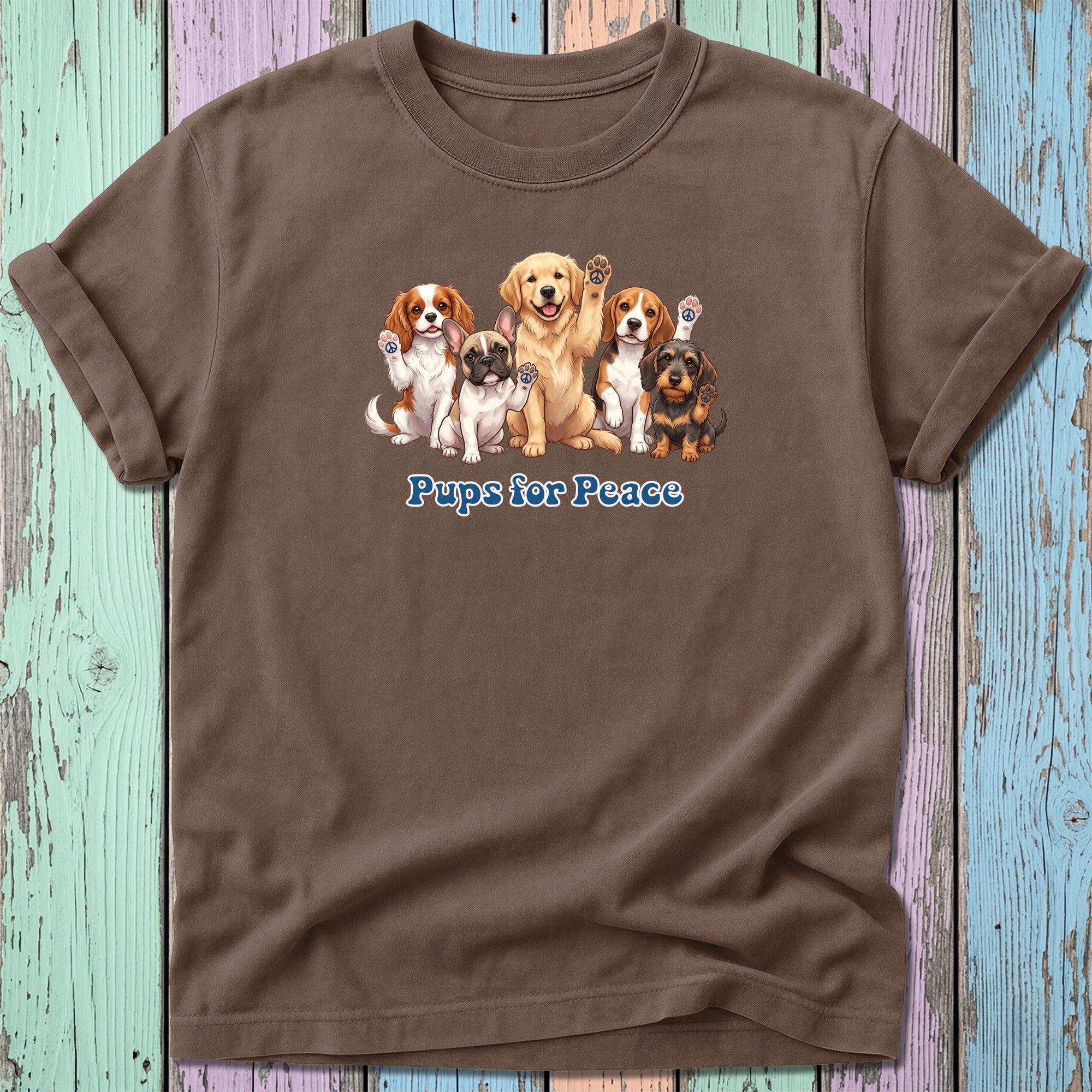 T-shirt with a graphic of five dogs and "Pups for Peace" text.