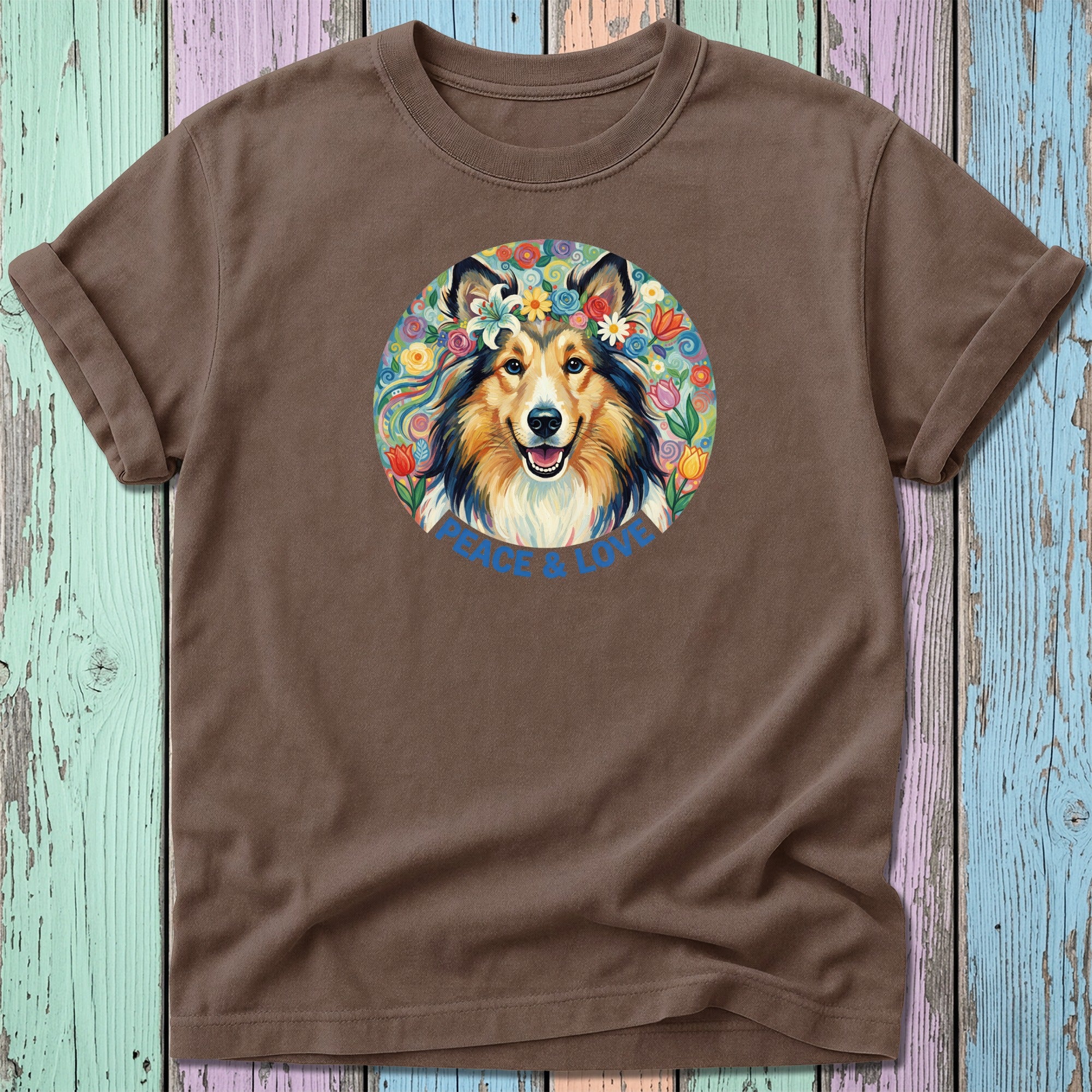 Brown t-shirt featuring a dog with flowers in its fur and "Peace & Love" text.