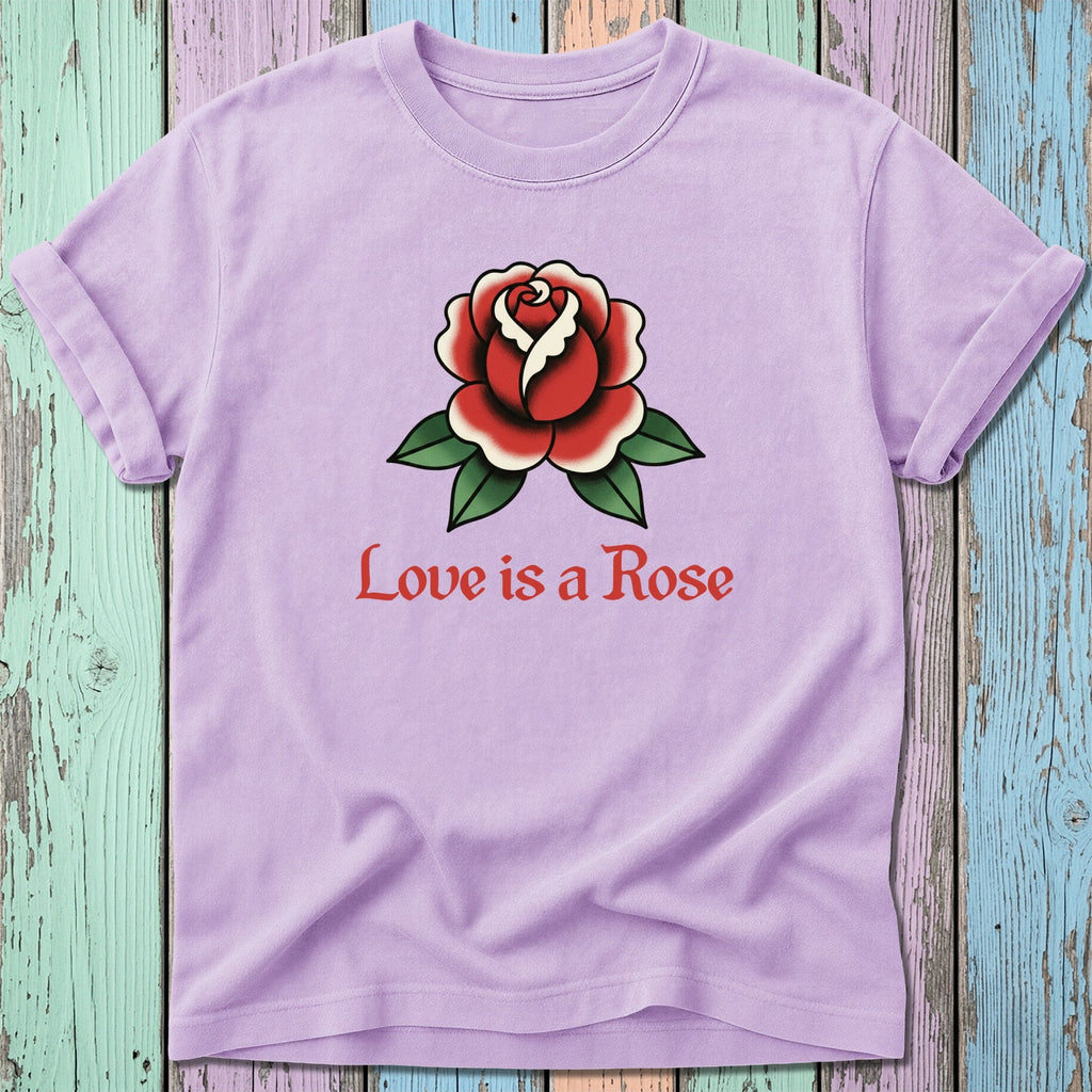 Purple t-shirt with a red rose design and "Love is a Rose" text.