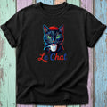 Black t-shirt with a geometric black cat wearing a beret drinking coffee and text "Le Chat".