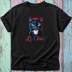 Black t-shirt with a geometric black cat wearing a beret drinking coffee and text "Le Chat".