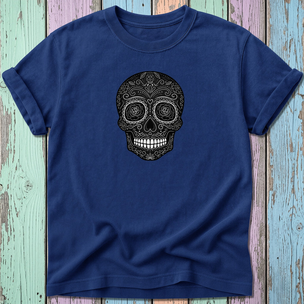Navy blue t-shirt with a black and white decorative skull graphic.