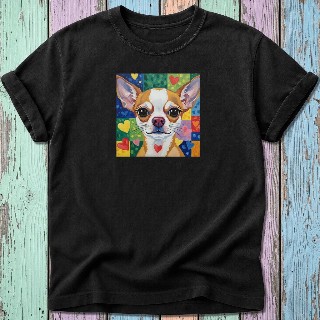 Black t-shirt with colorful pixelated heart background and chihuahua portrait.