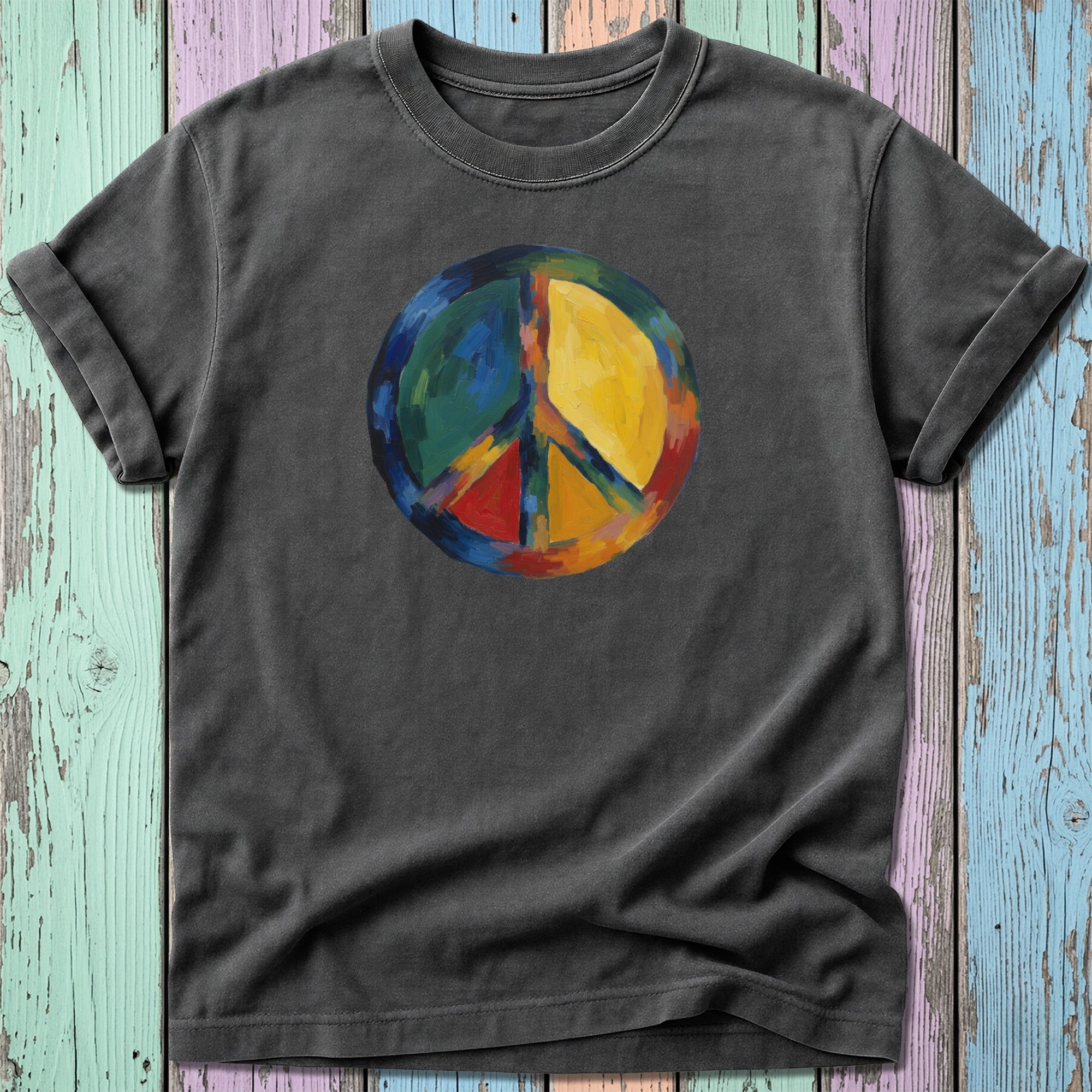 Dark grey t-shirt with a colorful, painted peace sign graphic.