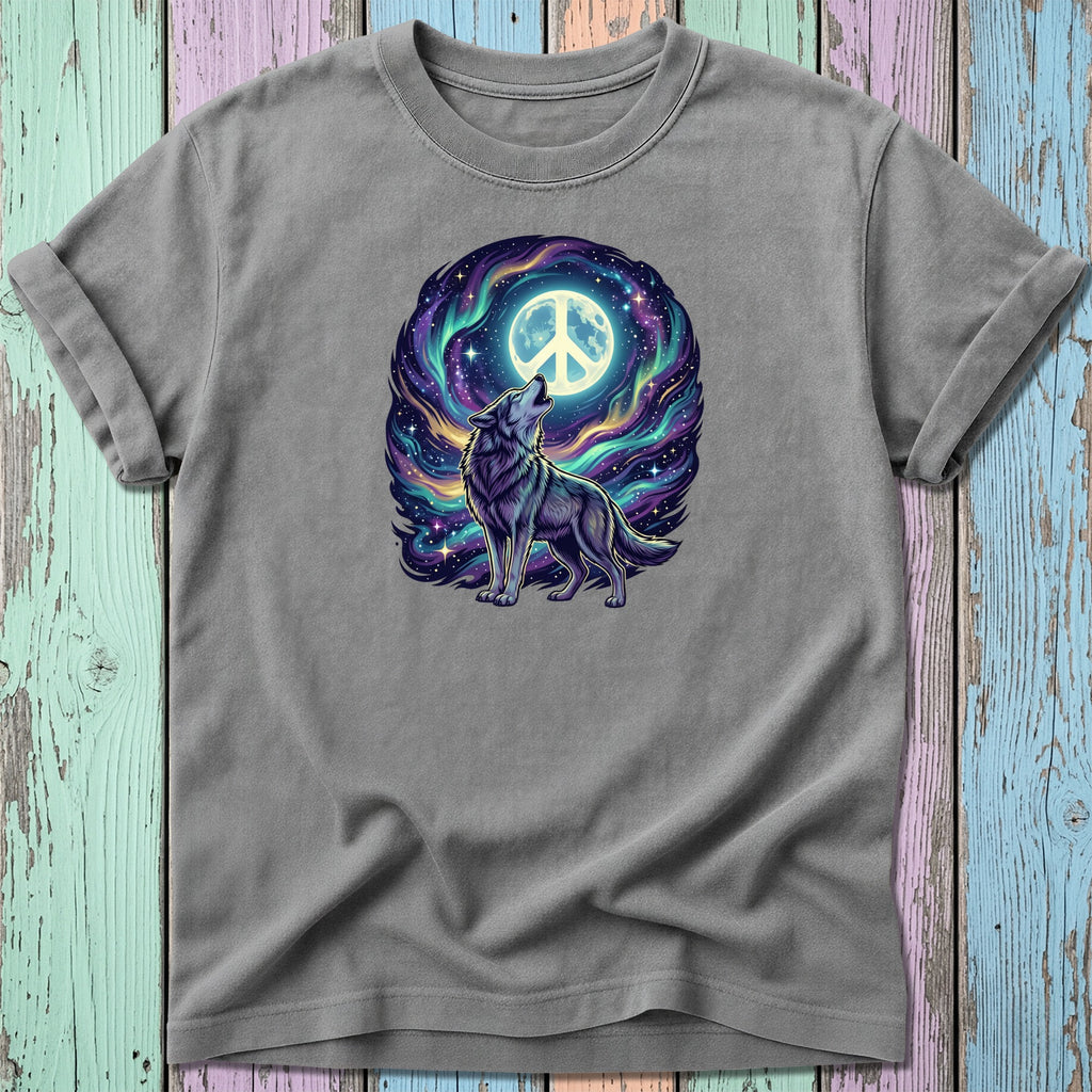 Wolf howling at a peace sign in a colorful galaxy.