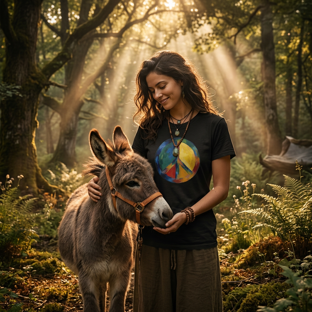 Woman with a donkey in a forest with sunlight filtering through the trees