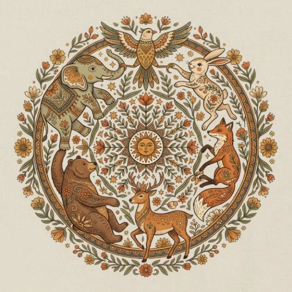 closeup of a Enchanted Woodland Animal Mandala T-Shirt - The Peaceful Printer