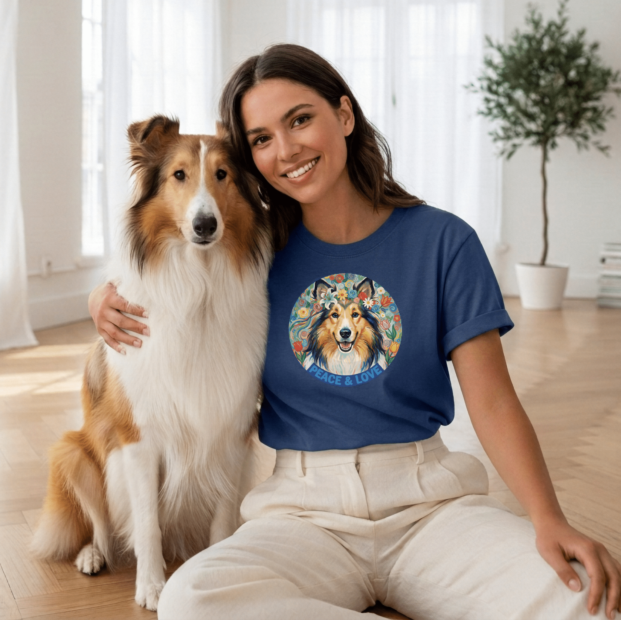 Peace & Love Collie Floral Crown T-Shirt