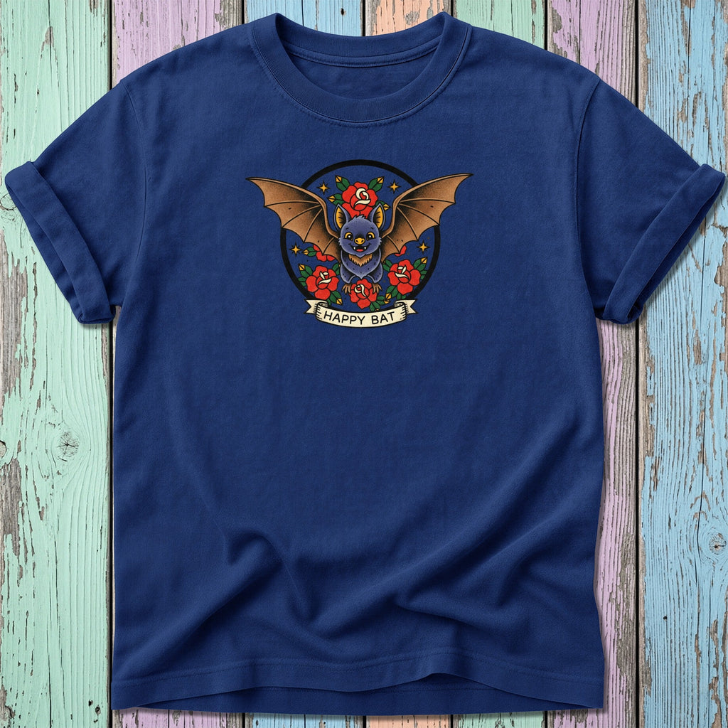 Navy t-shirt with a circular tattoo-style graphic of a bat with outstretched wings.