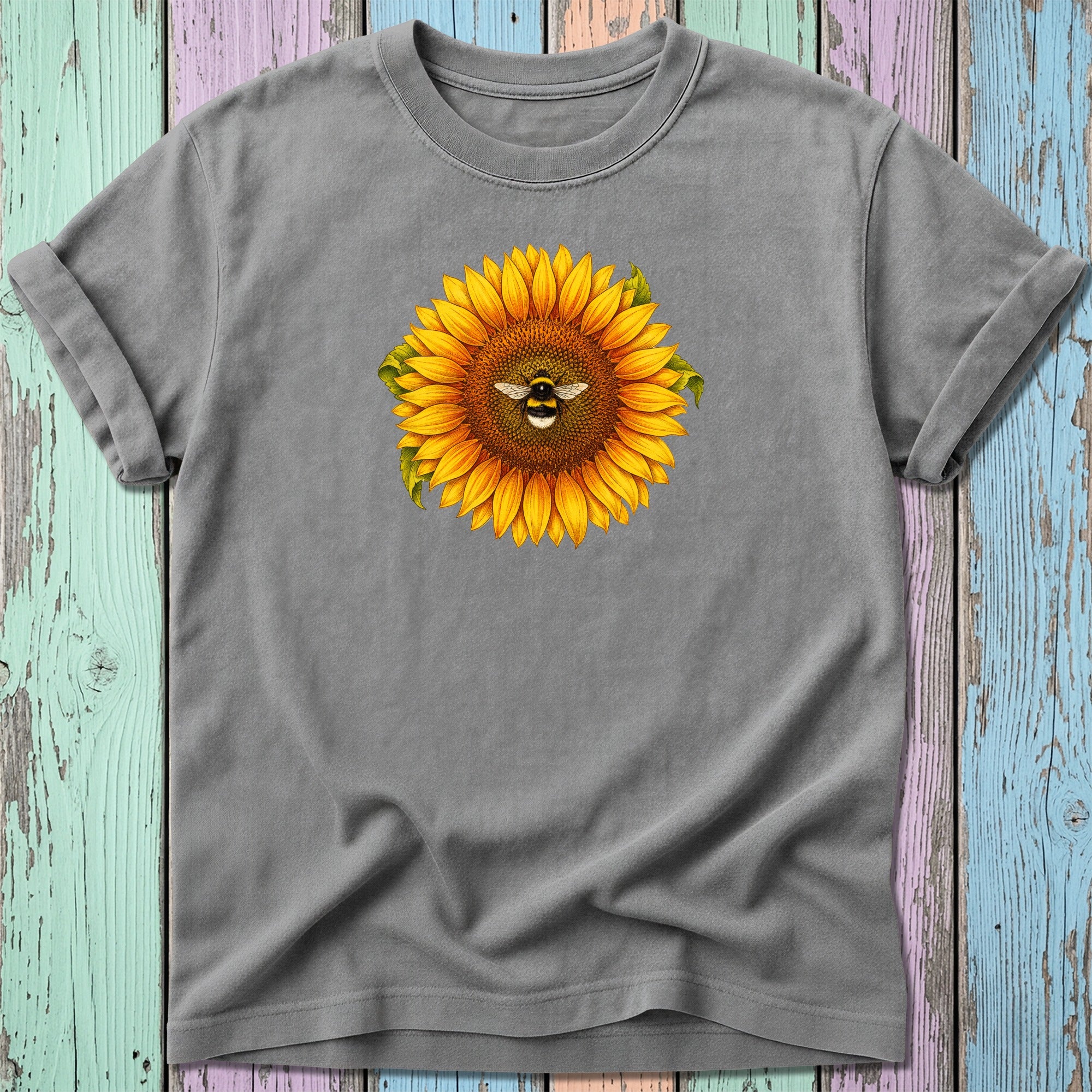 Gray t-shirt with a sunflower and bee graphic.