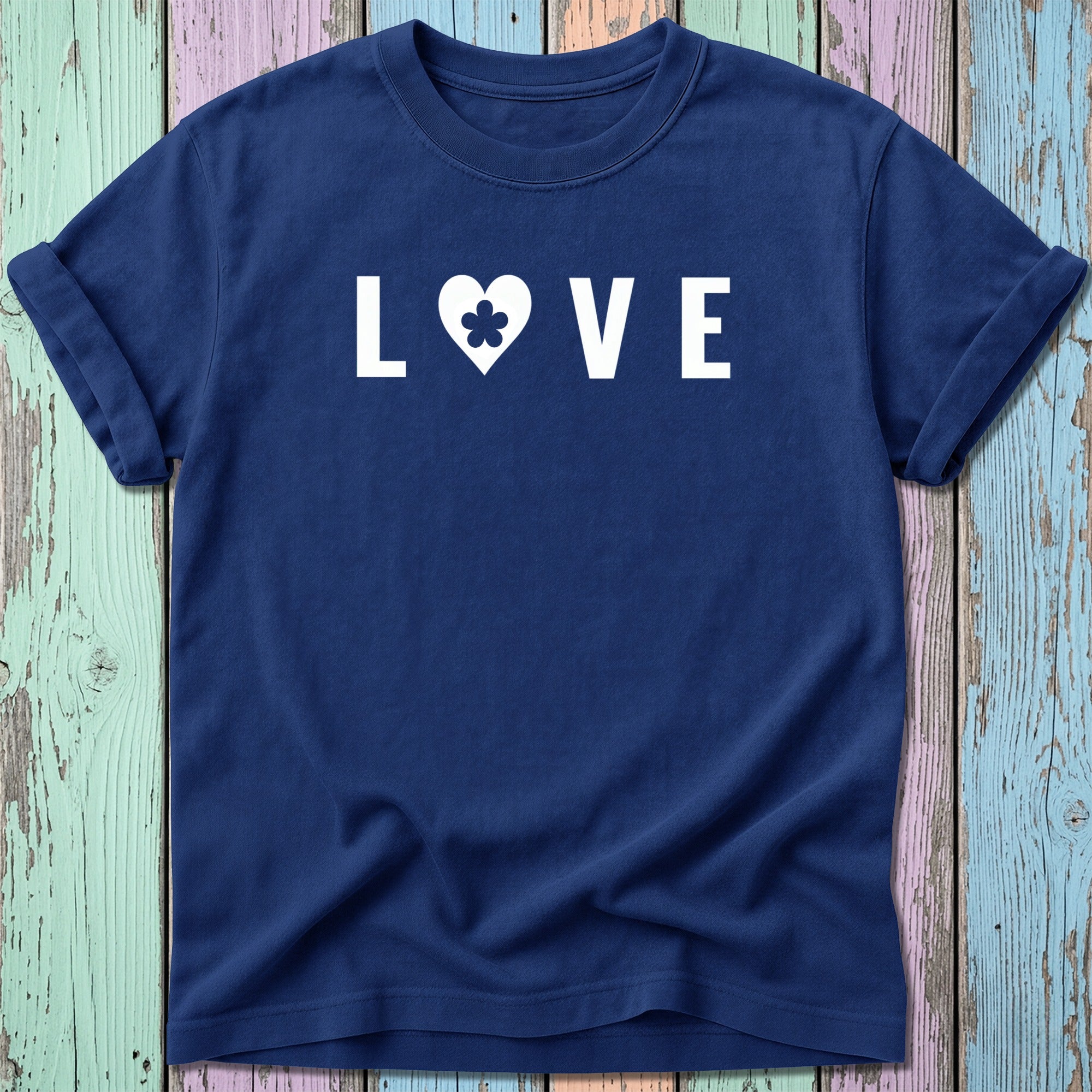 Navy t-shirt with white "LOVE" text and a white clover heart graphic.