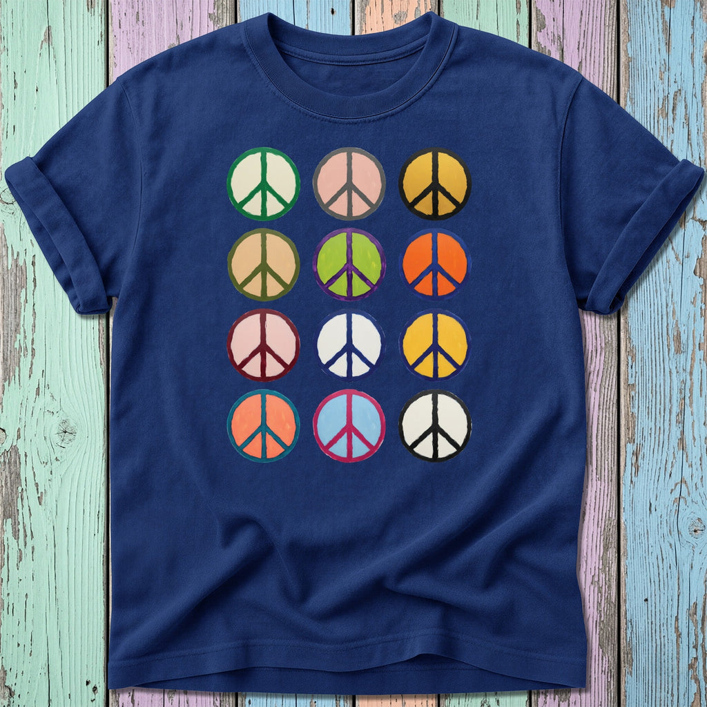 Navy t-shirt with a grid of colorful peace signs in various color combinations.