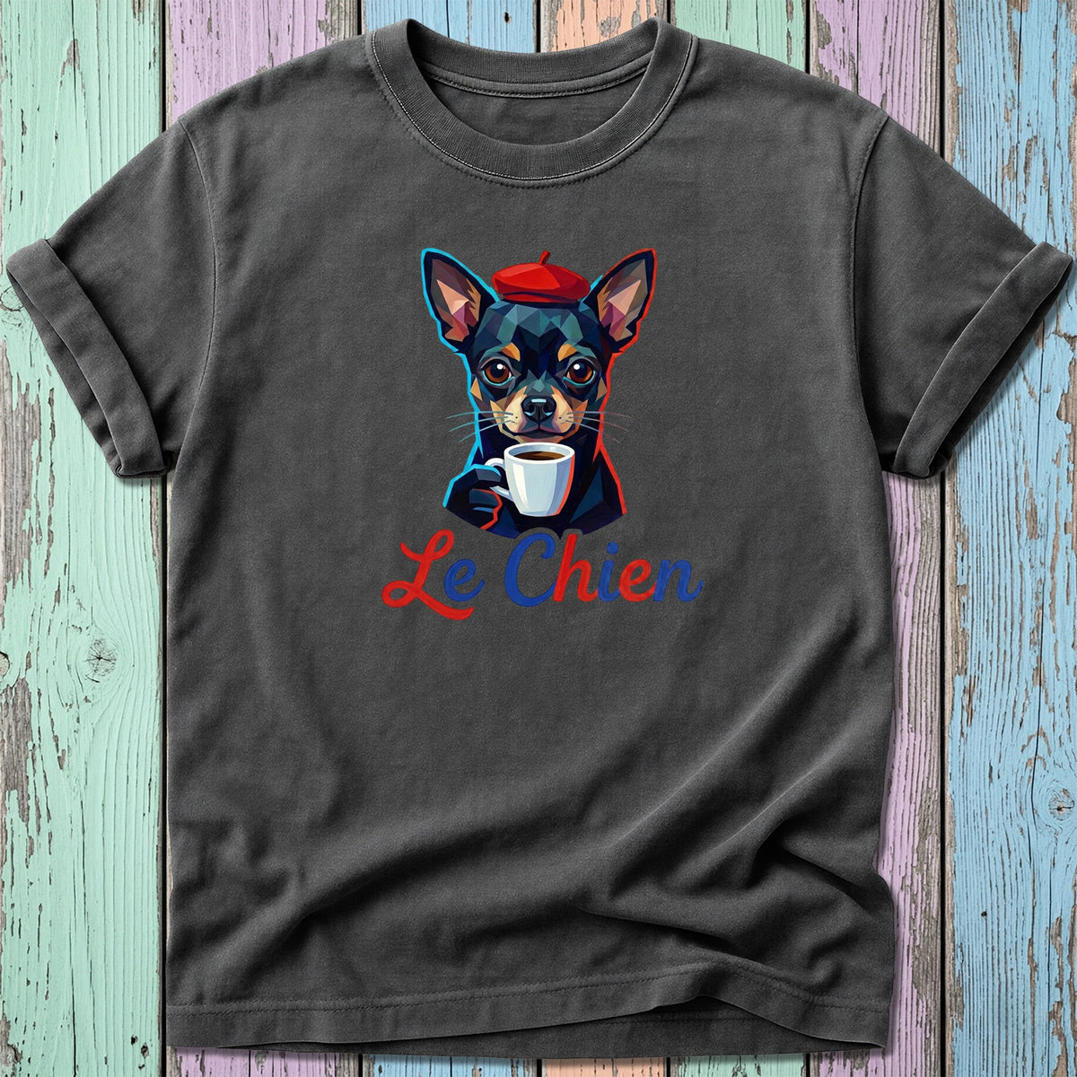 Chihuahua wearing beret holds coffee cup with text "Le Chien".