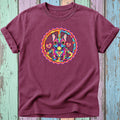 Burgundy t-shirt with a colorful French bulldog in a peace sign.