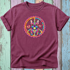 Burgundy t-shirt with a colorful French bulldog in a peace sign.