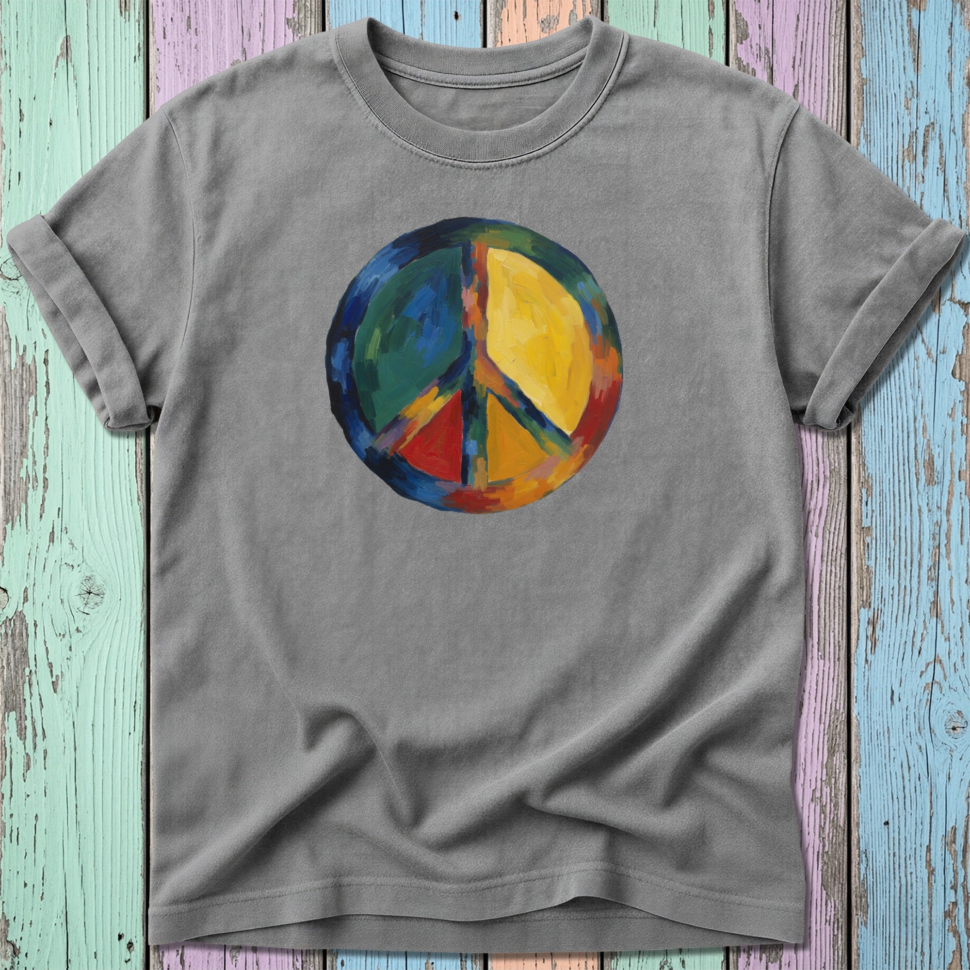 Gray t-shirt with a colorful, painted peace sign graphic.