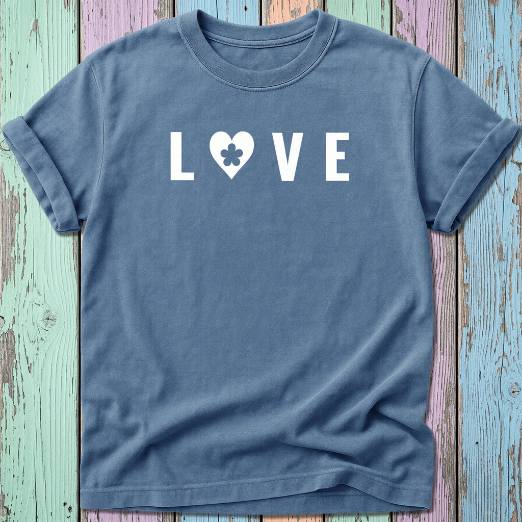 Blue t-shirt with white "LOVE" text and a four-leaf clover heart.