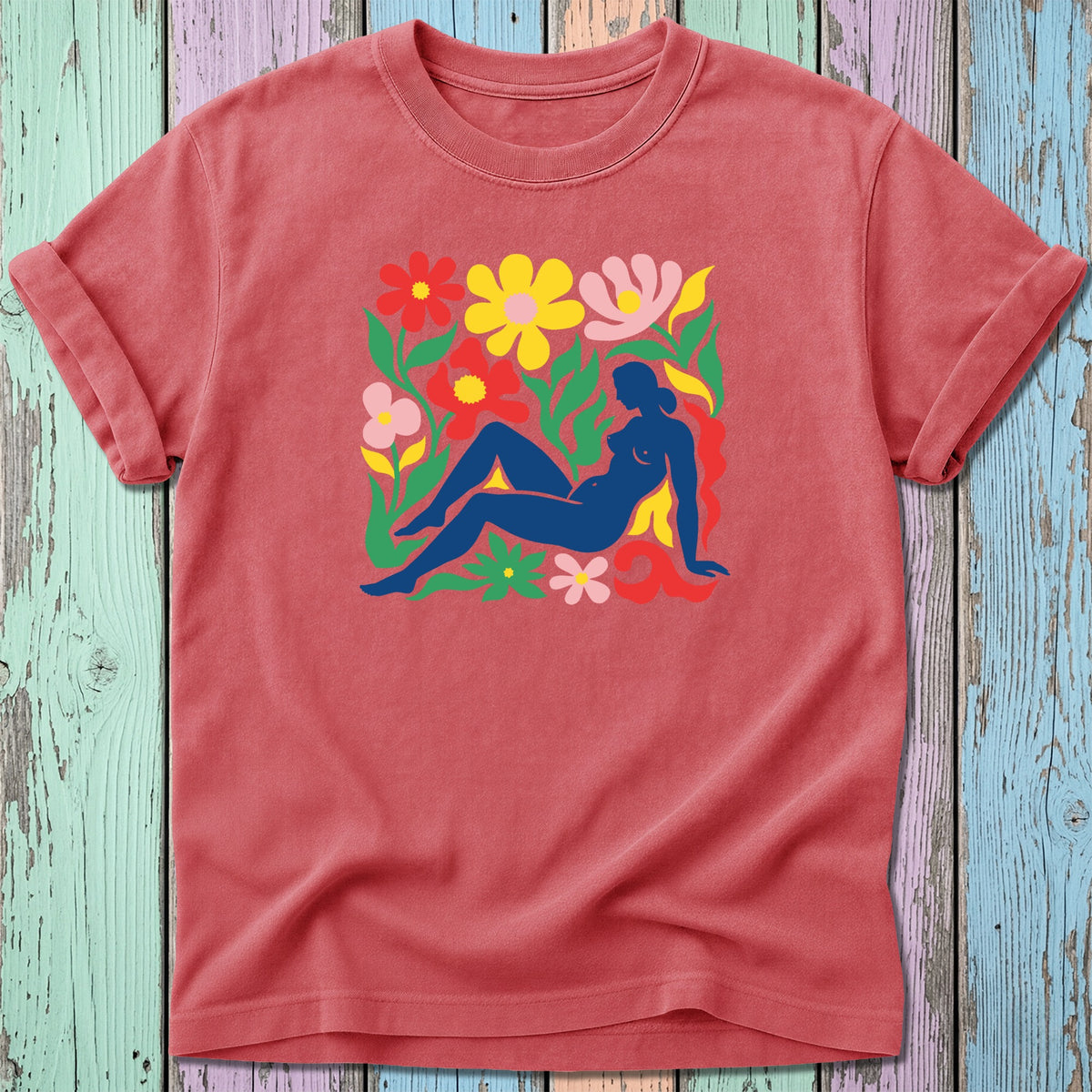 Red t-shirt with Matisse-inspired floral design and reclining nude figure.