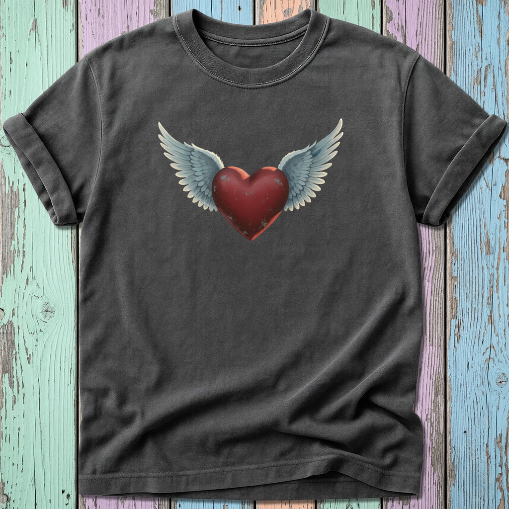 Dark gray t-shirt with a winged heart graphic.