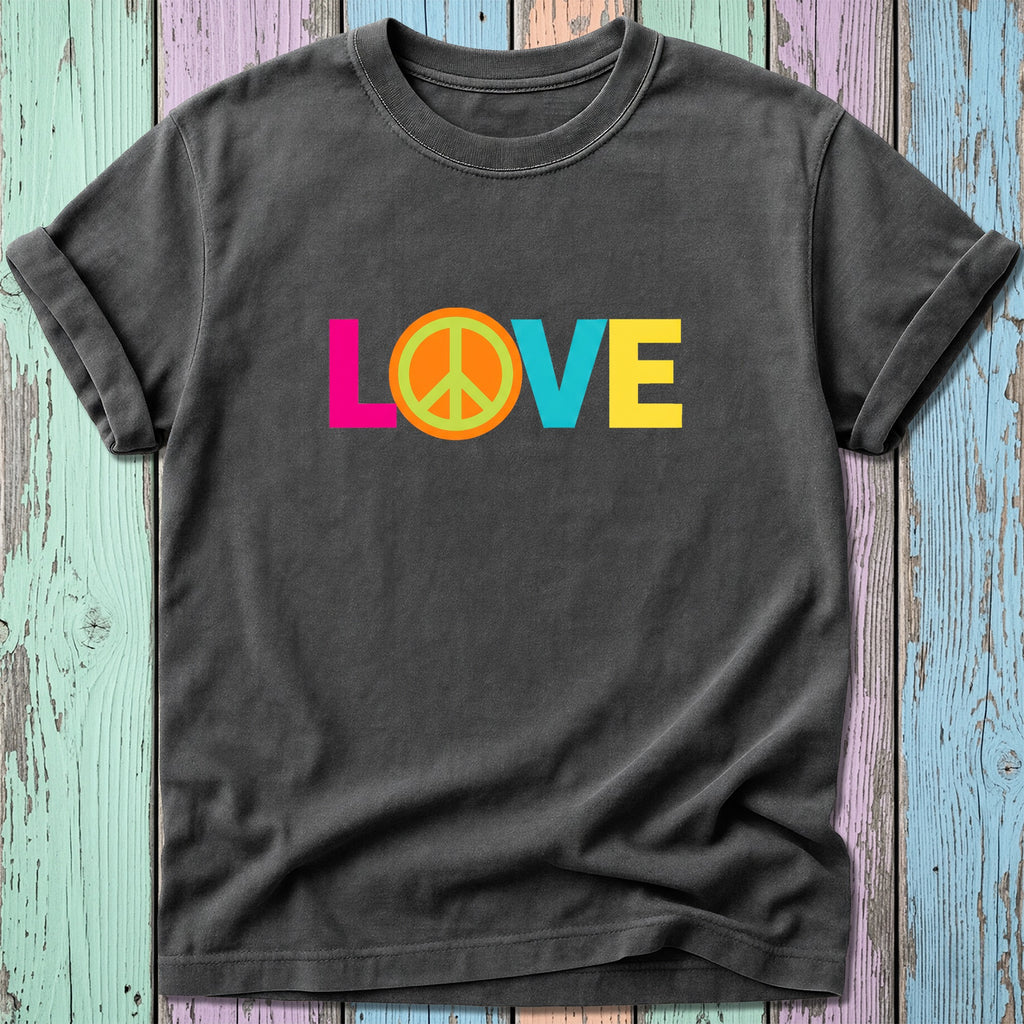 Dark gray t-shirt with "LOVE" in colorful block letters and a peace sign.