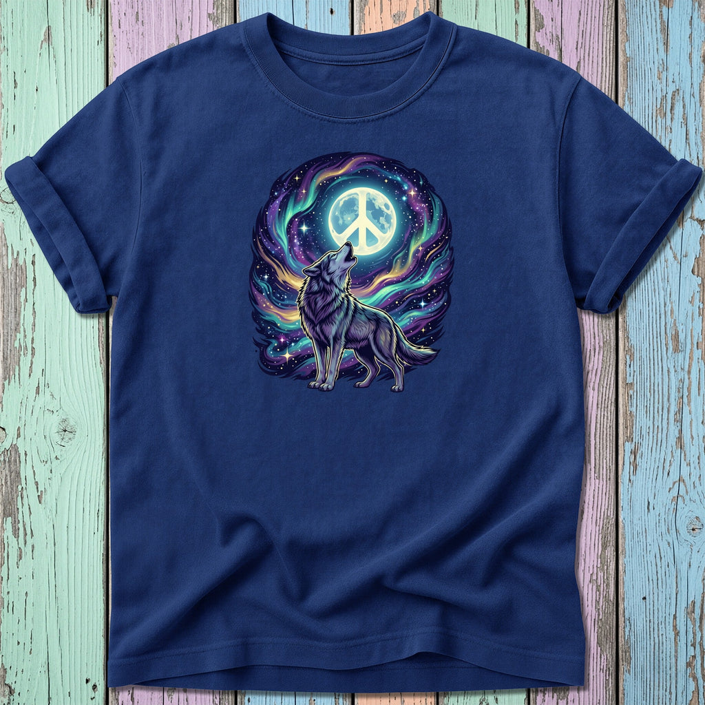 Navy t-shirt featuring a wolf howling at a moon with a peace sign, set against a starry galaxy.