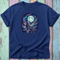 Navy t-shirt featuring a wolf howling at a moon with a peace sign, set against a starry galaxy.