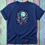 Navy t-shirt featuring a wolf howling at a moon with a peace sign, set against a starry galaxy.