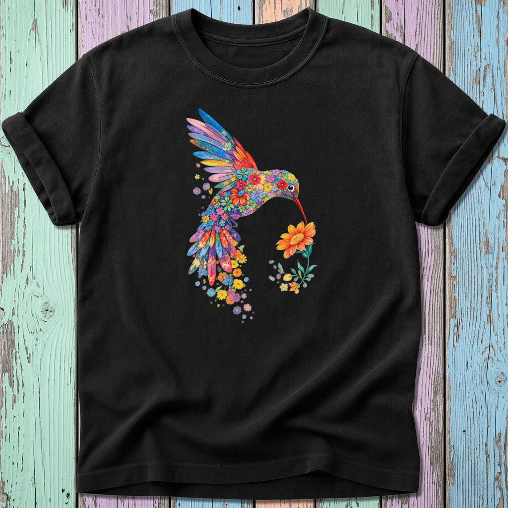 Black t-shirt with a colorful floral hummingbird illustration sipping nectar from a flower.