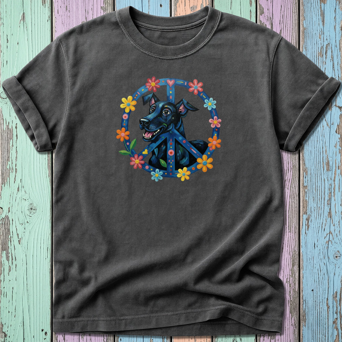Dark t-shirt with a black dog inside a colorful peace sign.