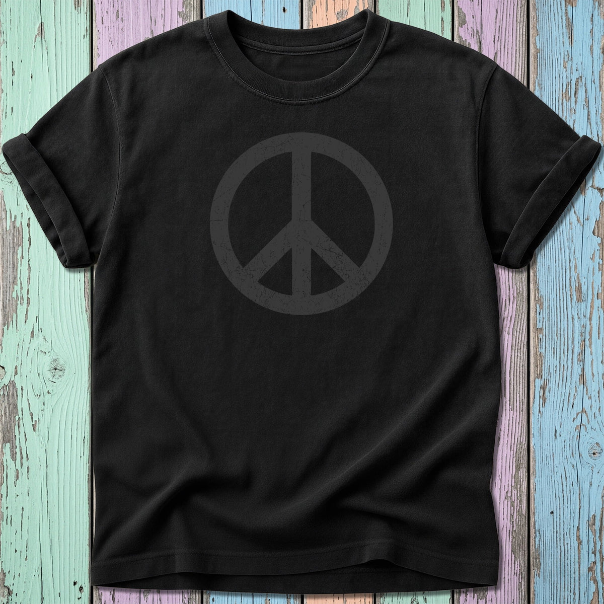 Black t-shirt with a distressed dark gray peace sign graphic on the chest.