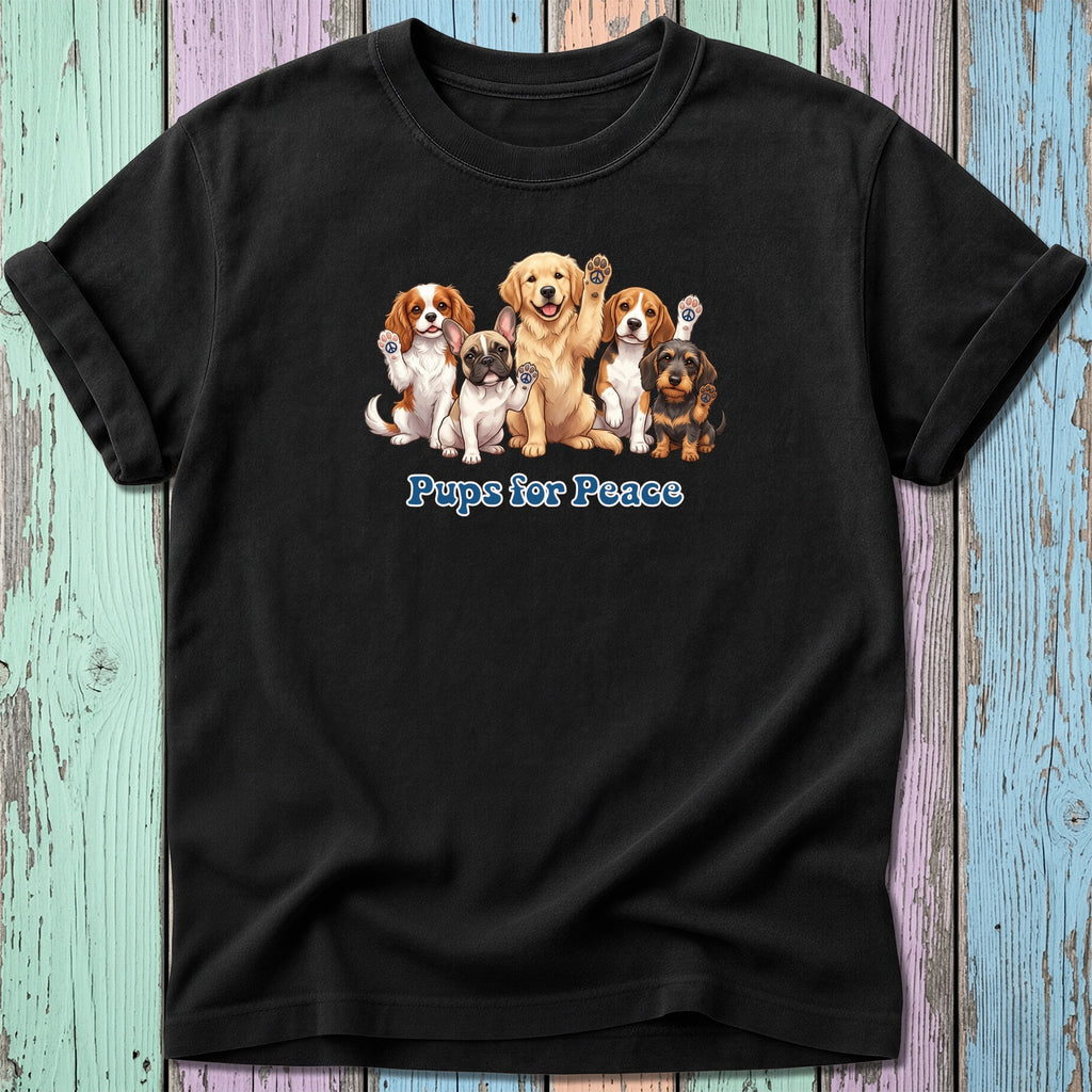 Group of dogs wearing paw prints on a black t-shirt with "Pups for Peace" text.