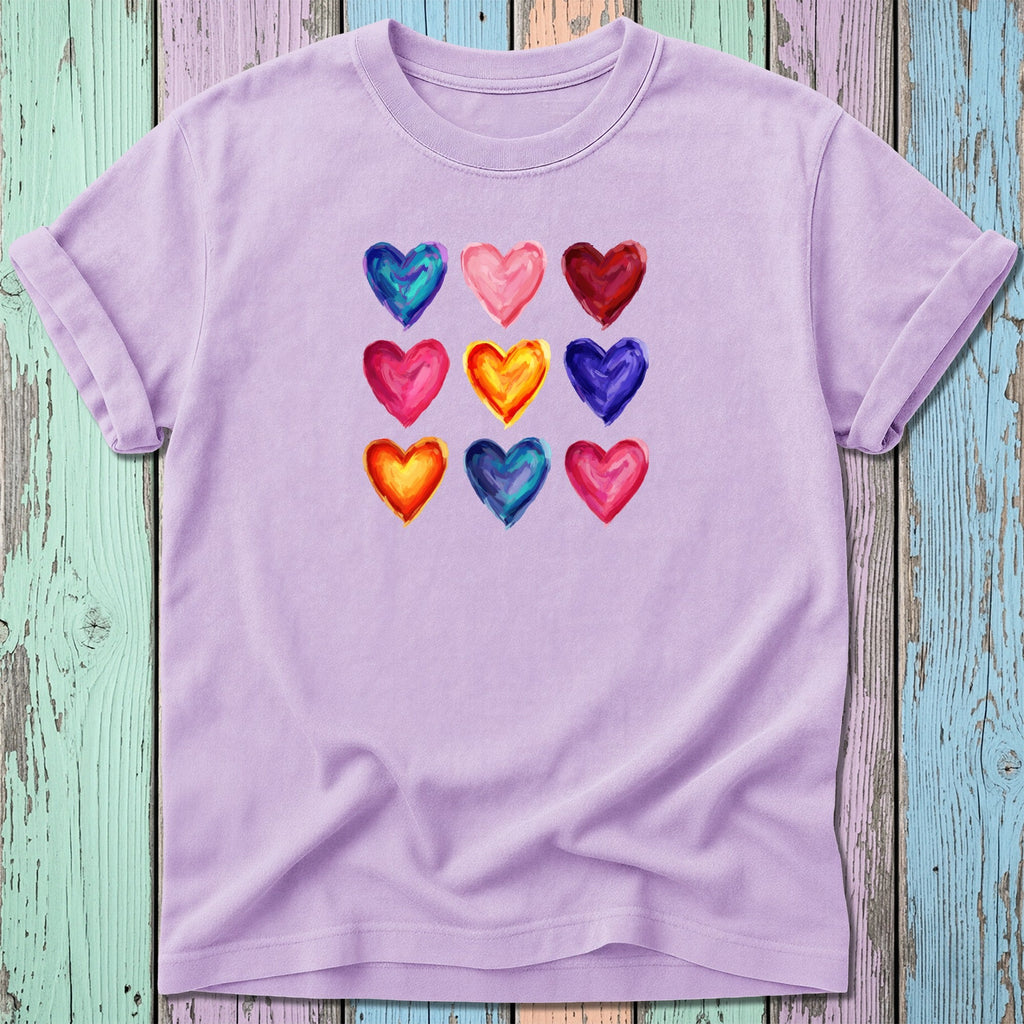 Purple t-shirt with nine colorful watercolor hearts arranged in a grid.