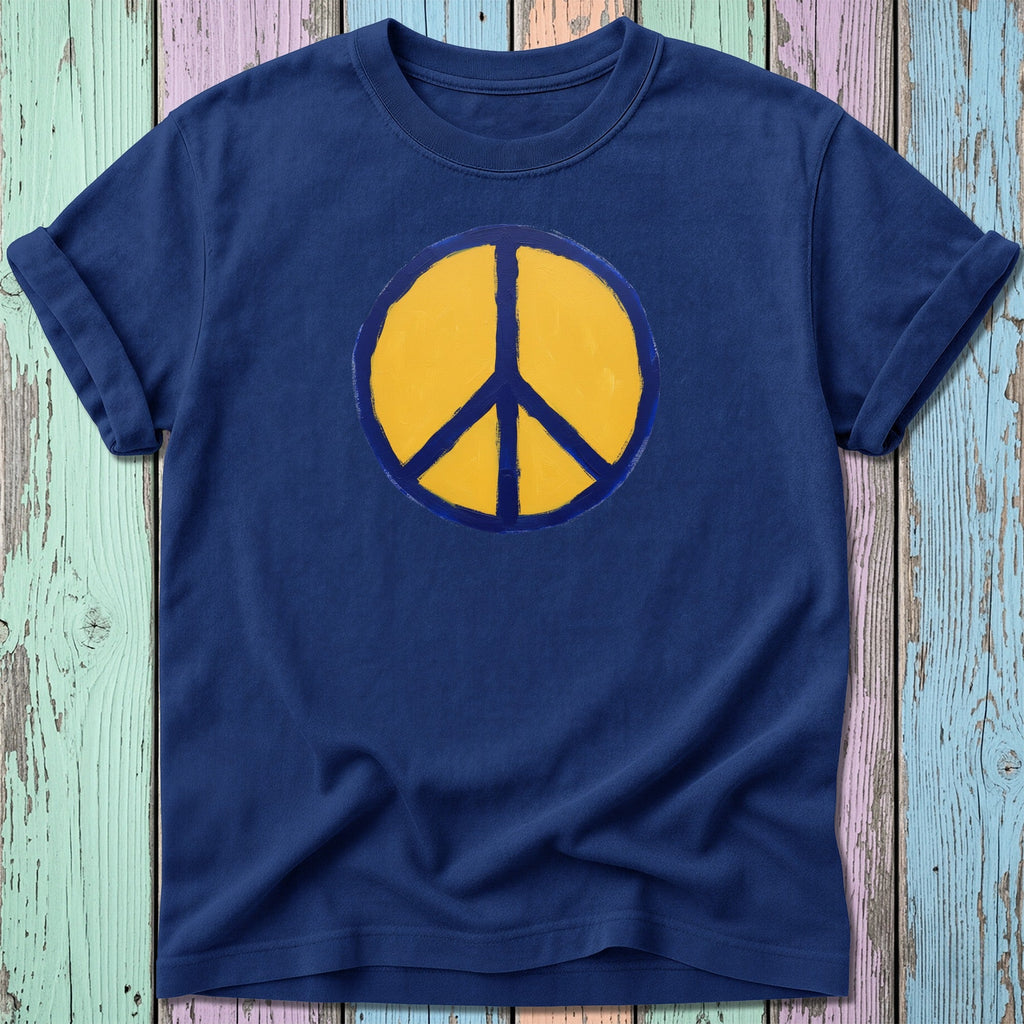 Navy blue t-shirt with a yellow peace sign graphic.