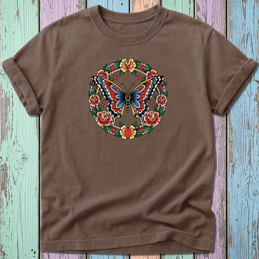 Brown t-shirt with a colorful butterfly and heart tattoo-style design.