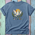 T-shirt with a blue dove, sun, and "La Paix" text in colorful letters.