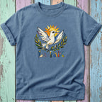 T-shirt with a blue dove, sun, and "La Paix" text in colorful letters.