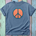 Blue t-shirt with a distressed orange peace sign graphic and teal border.
