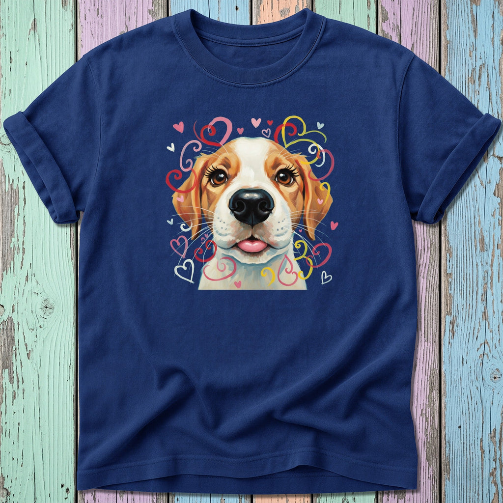 Navy blue t-shirt featuring a beagle puppy with colorful hearts and swirls.