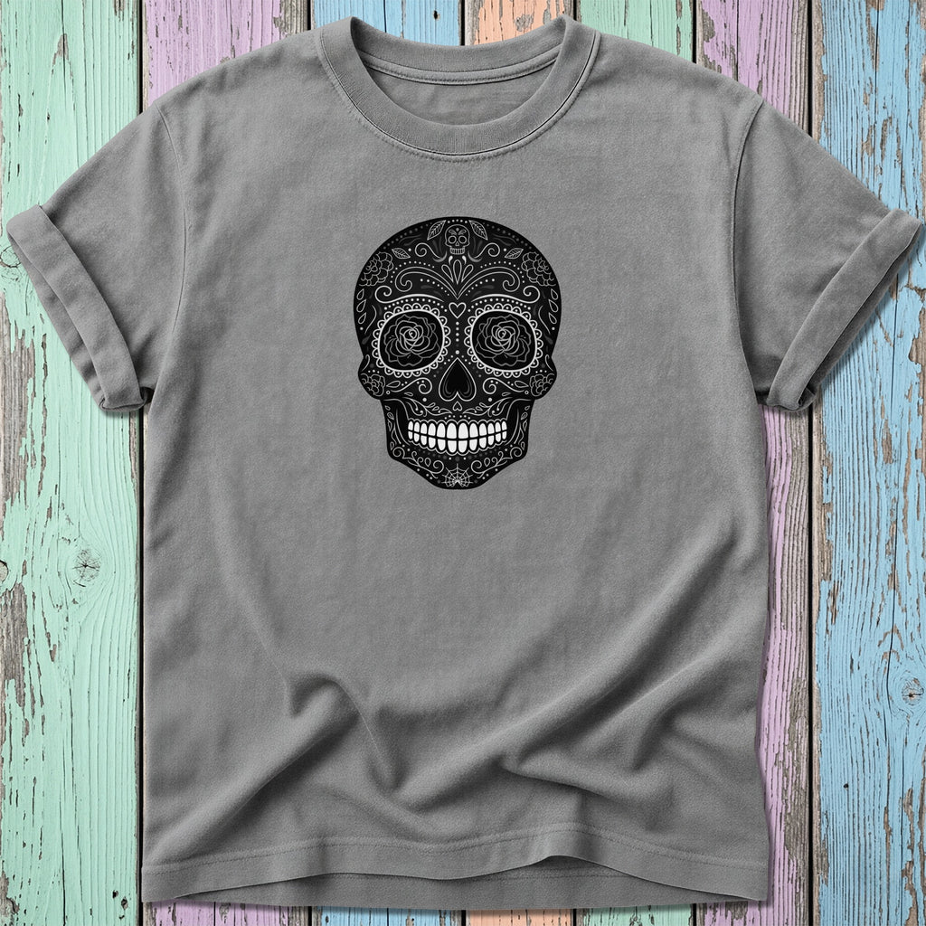 Gray t-shirt featuring a black and white floral skull design.