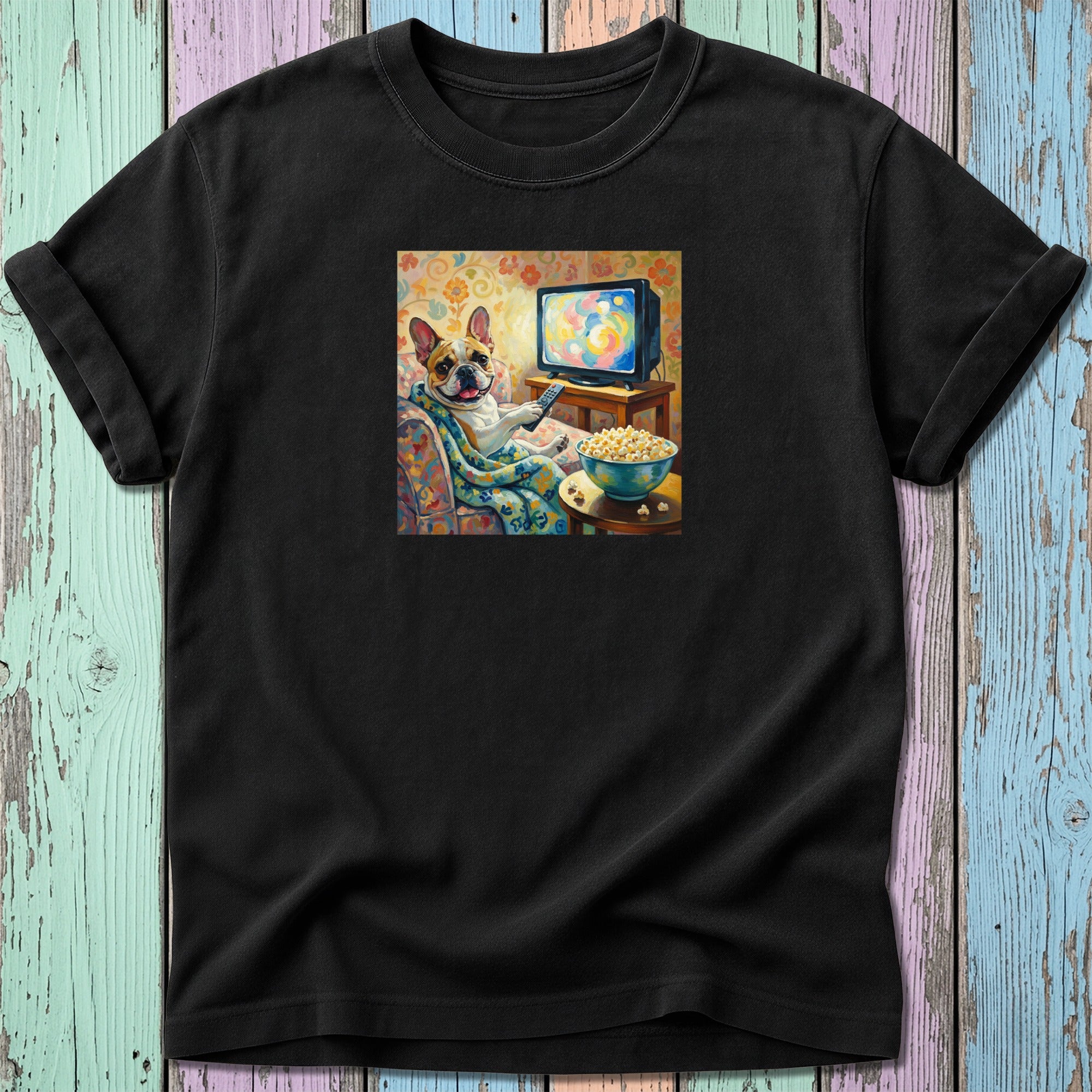 Black t-shirt with French bulldog watching TV and eating popcorn.