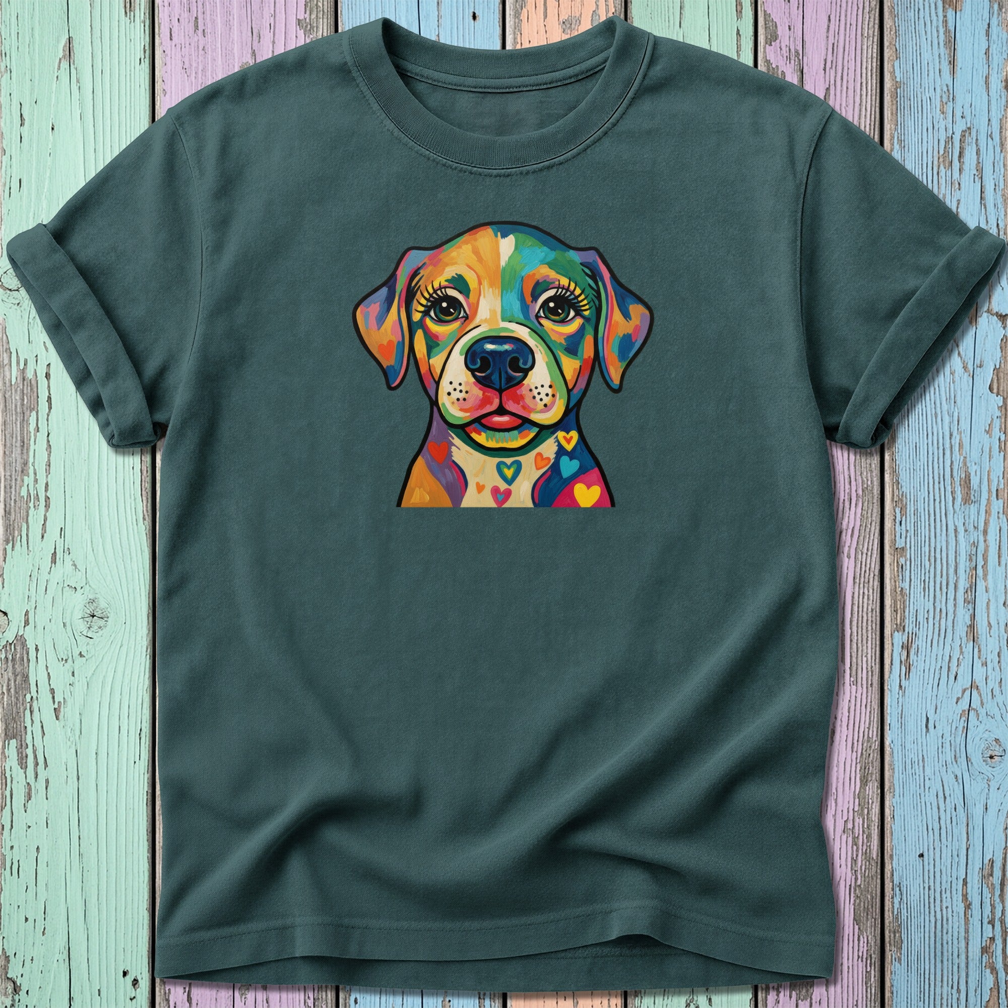 Colorful dog portrait with hearts on dark green t-shirt.