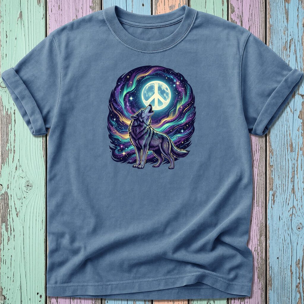 Wolf howling at a peace sign moon under a starry night sky.